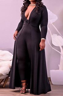 Black Women Pure Color Casual V Collar Tight Skinny Mid Waist Plus Jumpsuit CCY1689-2