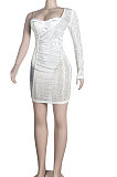 White Women Sexy Euramerican Backless Hot Drilling Perspectivity Oblique Shoulder High Waist Mini Dress KA7199-1