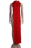 Red Women High Collar Mid Waist Sleeveless Pure Color Pullover Split Long Dress K066-1