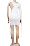 White Sexy Euramerican Fashion Deep V Collar Bodycon Pure Color High Waist One Shoulder Mini Dress KA7205