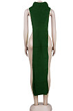 Green Women High Collar Mid Waist Sleeveless Pure Color Pullover Split Long Dress K066-3