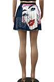 Gray Blue Women Fashion Printing Ruffle Skirts BM7145-4