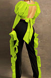 Neon Green Wholesale Sexy Puff Sleeve Low-Cut Back Bowknot Crop Tops Ruffle Pants Sets SZS8179-1