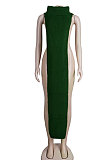 Gray Women High Collar Mid Waist Sleeveless Pure Color Pullover Split Long Dress K066-2