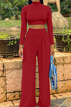 Wine Red Cotton Blend Casual Long Sleeve High Neck Crop Tops Wide Leg Pants Fashion Sets ALS268-5