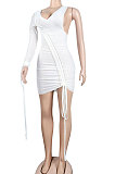 White Sexy Euramerican Fashion Deep V Collar Bodycon Pure Color High Waist One Shoulder Mini Dress KA7205