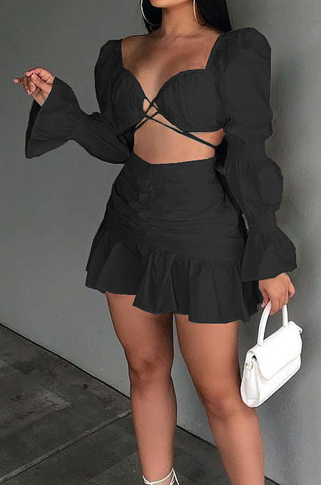 Black Sexy Cute Lantern Sleeve Strapless High Waist Ruffle Mini Skirts Solid Color Sets ALS267-6