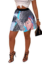 Gray Blue Women Fashion Printing Ruffle Skirts BM7145-4