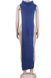 Blue Women High Collar Mid Waist Sleeveless Pure Color Pullover Split Long Dress K066-5