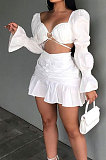 Khaki Sexy Cute Lantern Sleeve Strapless High Waist Ruffle Mini Skirts Solid Color Sets ALS267-1