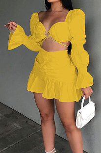 Yellow Sexy Cute Lantern Sleeve Strapless High Waist Ruffle Mini Skirts Solid Color Sets ALS267-3