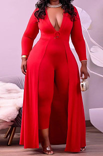 Red Women Pure Color Casual V Collar Tight Skinny Mid Waist Plus Jumpsuit CCY1689-1