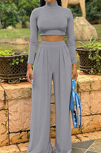Grey Cotton Blend Casual Long Sleeve High Neck Crop Tops Wide Leg Pants Fashion Sets ALS268-1