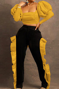 Orange Yellow Wholesale Sexy Puff Sleeve Low-Cut Back Bowknot Crop Tops Ruffle Pants Sets SZS8179-2