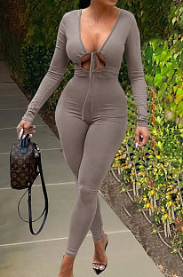 Grey Cotton Blend Casual Long Sleeve Tide Collect Waist Solid Color Bodycon Jumpsuits SXS6072-2