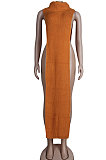 Orange Women High Collar Mid Waist Sleeveless Pure Color Pullover Split Long Dress K066-6
