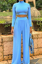 Sky Blue Cotton Blend Casual Long Sleeve High Neck Crop Tops Wide Leg Pants Fashion Sets ALS268-4