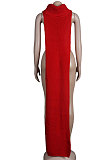 Red Women High Collar Mid Waist Sleeveless Pure Color Pullover Split Long Dress K066-1