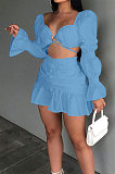 Khaki Sexy Cute Lantern Sleeve Strapless High Waist Ruffle Mini Skirts Solid Color Sets ALS267-1