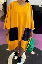 Yellow Women Fashion Simplee Solid Color Loose Round Collar Swing Spliced Mini Dress PU6095-1