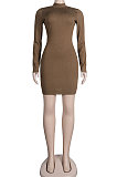 Brown Euramerican Sexy Women Ribber Solid Color Round Collar Backless Mini Dress KA7203-1