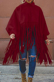 Wine Red Euramerican Trendy Solid Color Long Sleeve Round Collar Tassel Plus Size Tops K2210-3
