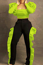 Neon Green Wholesale Sexy Puff Sleeve Low-Cut Back Bowknot Crop Tops Ruffle Pants Sets SZS8179-1