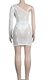White Women Sexy Euramerican Backless Hot Drilling Perspectivity Oblique Shoulder High Waist Mini Dress KA7199-1