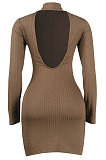 Black Euramerican Sexy Women Ribber Solid Color Round Collar Backless Mini Dress KA7203-2