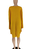Yellow Women Fashion Simplee Solid Color Loose Round Collar Swing Spliced Mini Dress PU6095-1