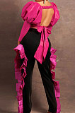 Rose Red Wholesale Sexy Puff Sleeve Low-Cut Back Bowknot Crop Tops Ruffle Pants Sets SZS8179-3