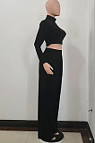 Black Cotton Blend Casual Long Sleeve High Neck Crop Tops Wide Leg Pants Fashion Sets ALS268-2