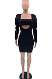 Black Fashion Pure Color Long Sleeve Strapless Slim Fitting Hip Dress SXS6071