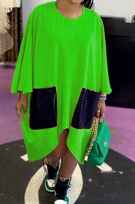 Green Women Fashion Simplee Solid Color Loose Round Collar Swing Spliced Mini Dress PU6095-3
