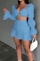 Sky Blue Sexy Cute Lantern Sleeve Strapless High Waist Ruffle Mini Skirts Solid Color Sets ALS267-4