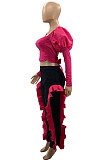 Rose Red Wholesale Sexy Puff Sleeve Low-Cut Back Bowknot Crop Tops Ruffle Pants Sets SZS8179-3