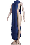 Blue Women High Collar Mid Waist Sleeveless Pure Color Pullover Split Long Dress K066-5