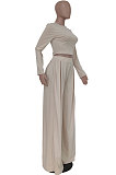 Apricot Fashion Casual Long Sleeve Round Neck T-Shirts High Waist Wide Leg Pants Solid Color Sets TRS1179-1
