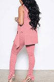 Pink Personality Pure Color Sleeveless High Neck Tops Ruffle Trousers Casual Sets YYF8247-6