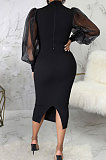 Black Wholesale New Mesh Spliced Puff Sleeve O Neck Collect Waist For Party Pencil Dress SMR10564-3