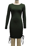 Black Cotton Blend Simple Long Sleeve Drawsting Solid Color Slim Fitting Hip Dress SMR10606-1