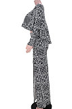 Black Women Long Sleeve Round Collar Fashion Flounce Tops High Split Skirts Sets GL6515