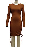 Green Cotton Blend Simple Long Sleeve Drawsting Solid Color Slim Fitting Hip Dress SMR10606-4