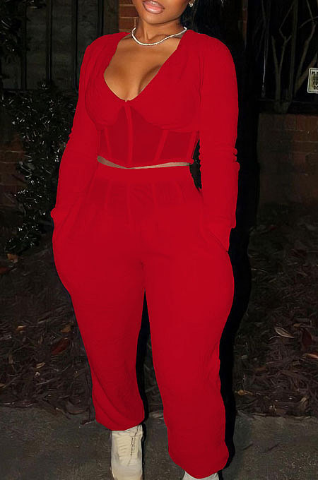 Red Sexy Mesh Spliced Long Sleeve V Neck Tops Loose Ankle Banded Pants Casual Sets YYF8254-3