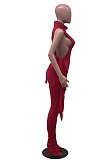 Red Personality Pure Color Sleeveless High Neck Tops Ruffle Trousers Casual Sets YYF8247-4