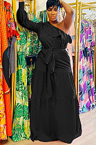 Black Flounce Bandage Zipper Oblique Shoulder Irregular Long Dress GL6516-2