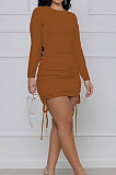 Brown Cotton Blend Simple Long Sleeve Drawsting Solid Color Slim Fitting Hip Dress SMR10606-3