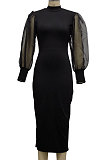 Black Wholesale New Mesh Spliced Puff Sleeve O Neck Collect Waist For Party Pencil Dress SMR10564-3
