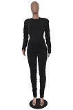 Black Casual Modest Women Long Sleeve O Neck T-Shirts Pencil Pants Ruffle Solid Color Sets TRS1183-1