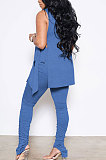 Blue Personality Pure Color Sleeveless High Neck Tops Ruffle Trousers Casual Sets YYF8247-3